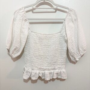 White Smocked Puff Sleeve Crop Top Cottagecore Peplum Blouse Size Large